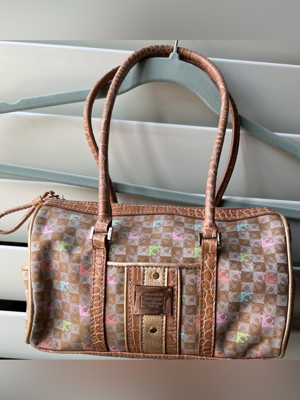 Liz Claiborne Multicolor Monogram Satchel with Tan Trim